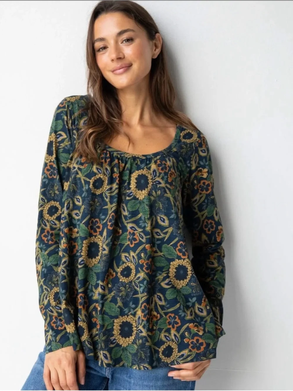 Natural Life Iris Top 100% Cotton Long Sleeve Navy Blue Dahlias Floral Size XL - Picture 2 of 10